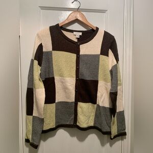 Christopher & Banks NWT Vtg Black Green Grey Patchwork Cardigan Ramie Cotton XL